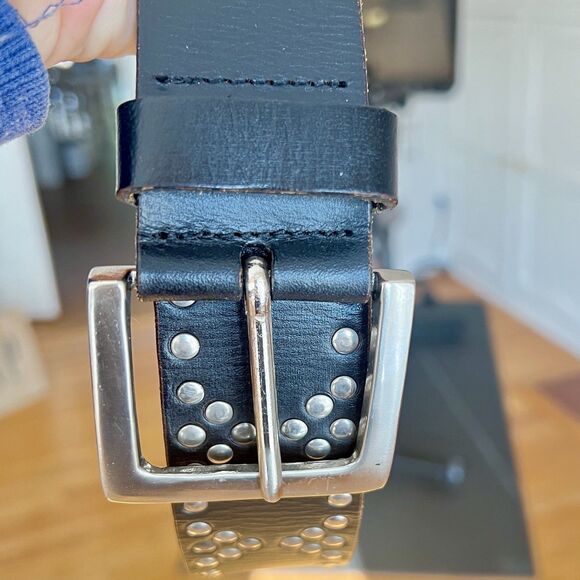 Black Leather Studded Western Boho Moto belt brass buckle 37 ins long
